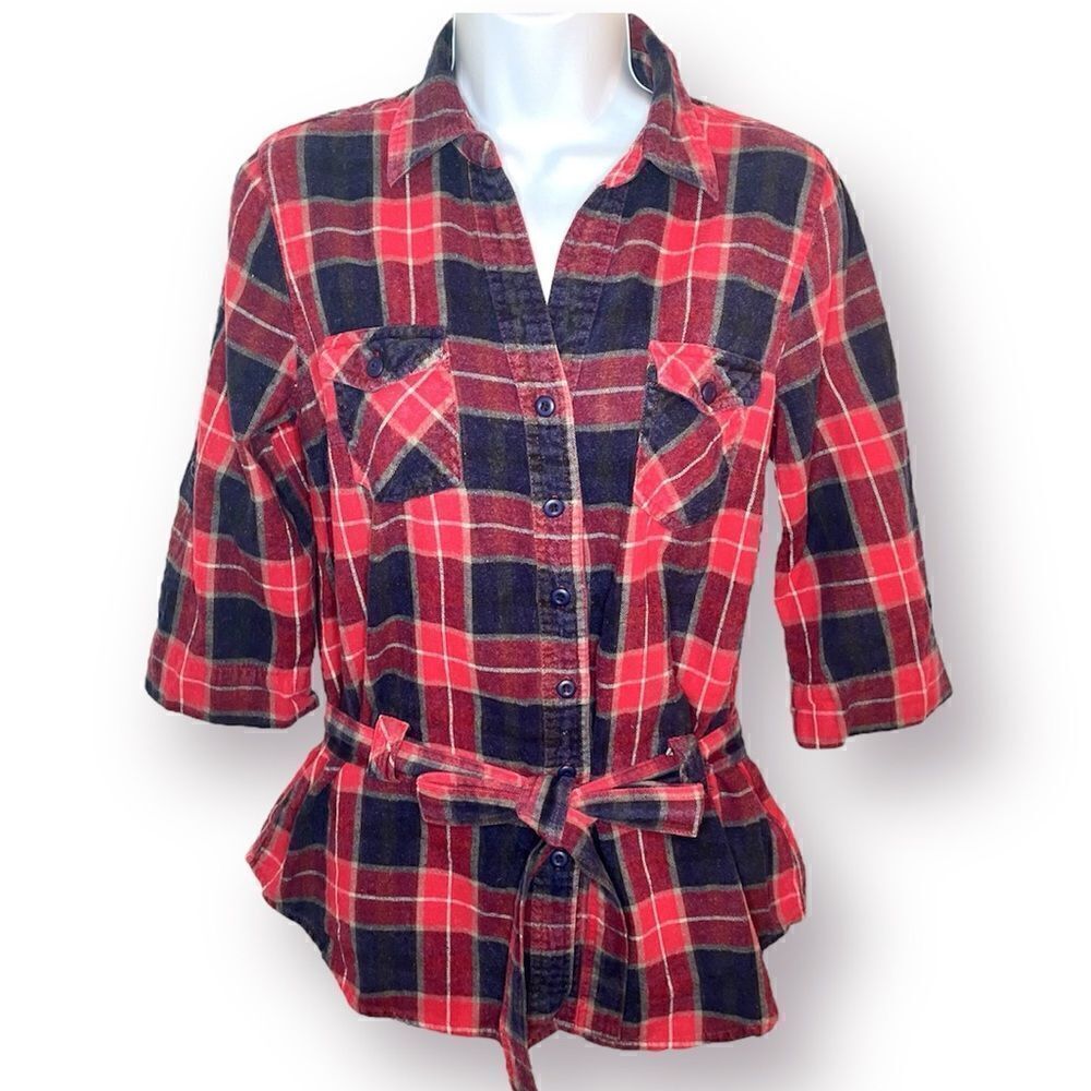 Forever 21 Navy Red Cotton Plaid Button Down Tie Front Top M